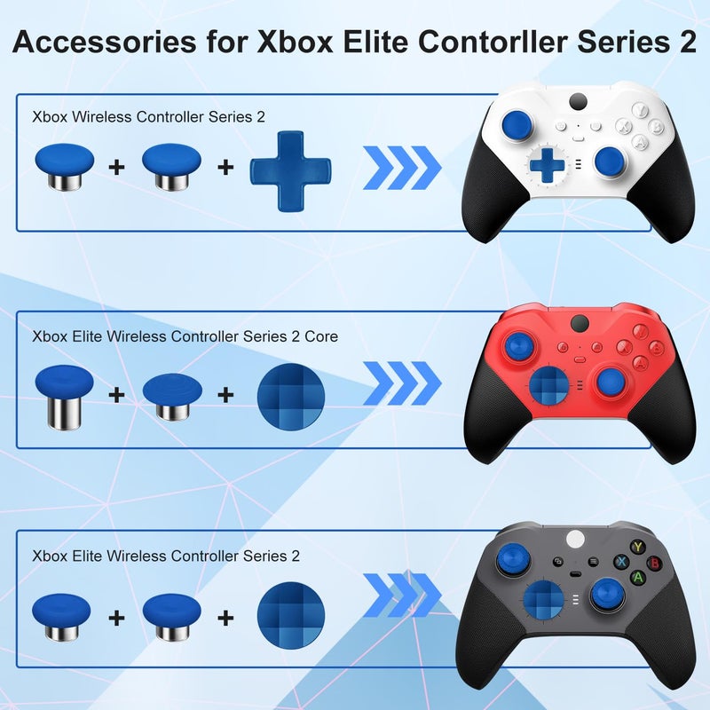 BUERTT Store 13 في 1 عصي إبهام معدنية لجهاز تحكم Xbox Elite Series 2، قطع ملحقات لجهاز Xbox One Elite 2، بديل ملحقات الألعاب، عصا تحكم معدنية Mod 6 قابلة للتبديل، 4 دبابيس، 2 دبابيس اتجاه، 1 أداة، زرقاء - Image 3